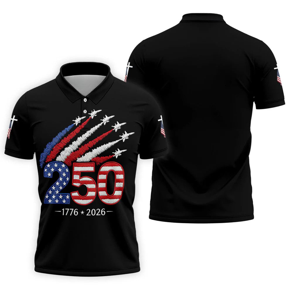 Flying Fighter Jets Faith Cross Patriotic 4th Of July Black Golf Shirt, 250 Years Golf Shirts For Men