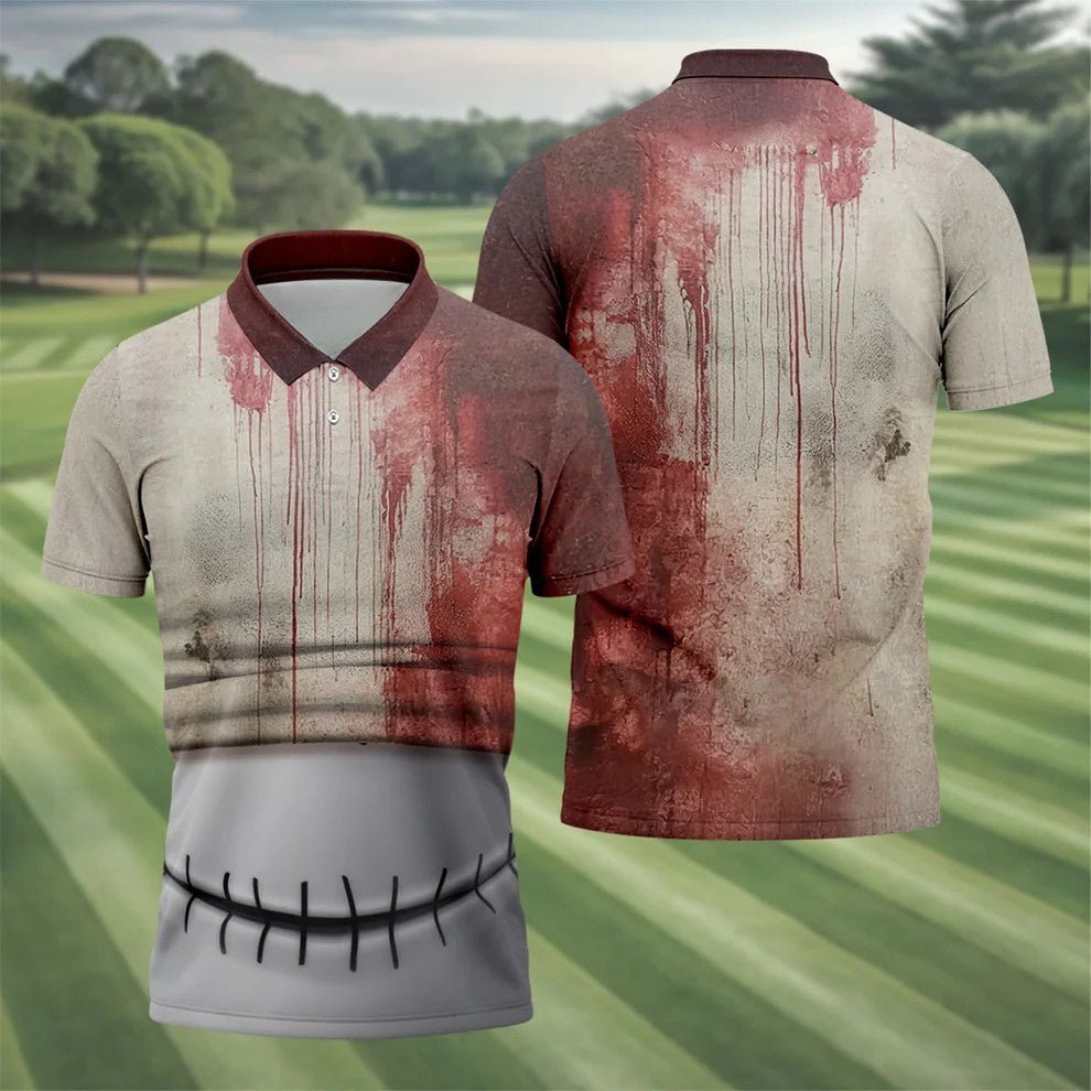 Stitched Skull Horror Character Halloween Polo Shirt, Golf Apparel For Men, Mens Golf Polo