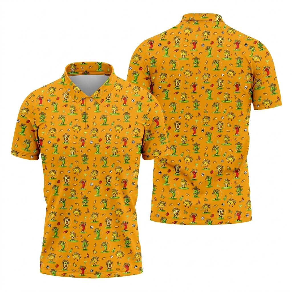 Mexican Cartoon Food Characters Cinco De Mayo Celebration Fiesta Themed Orange Golf Shirts For Men