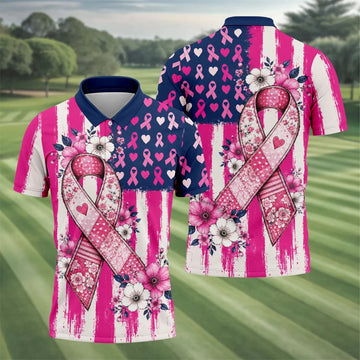 American Flag Pink Breast Cancer Awareness Golf Polo Shirt, Mens Golf Polo, Golf Shirts For Men