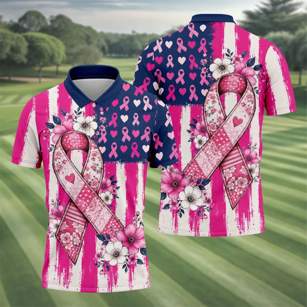 American Flag Pink Breast Cancer Awareness Golf Polo Shirt, Mens Golf Polo, Golf Shirts For Men
