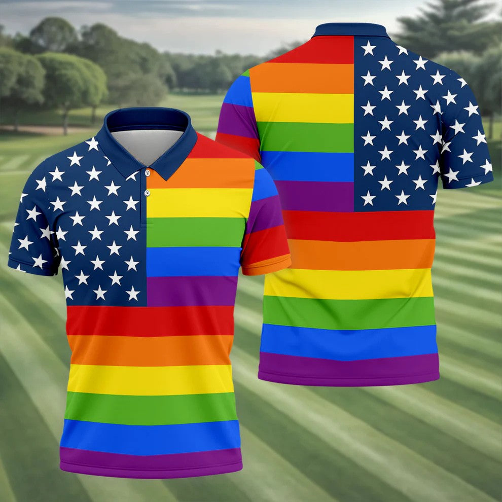 Gay Pride American Flag Golf Tops For Men, Pride Month Golf Shirts For Men