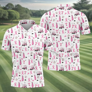 Pink Golf Cart Ribbon Breast Cancer Polo Shirt, Golf Shirts For Men, Mens Golf Apparel