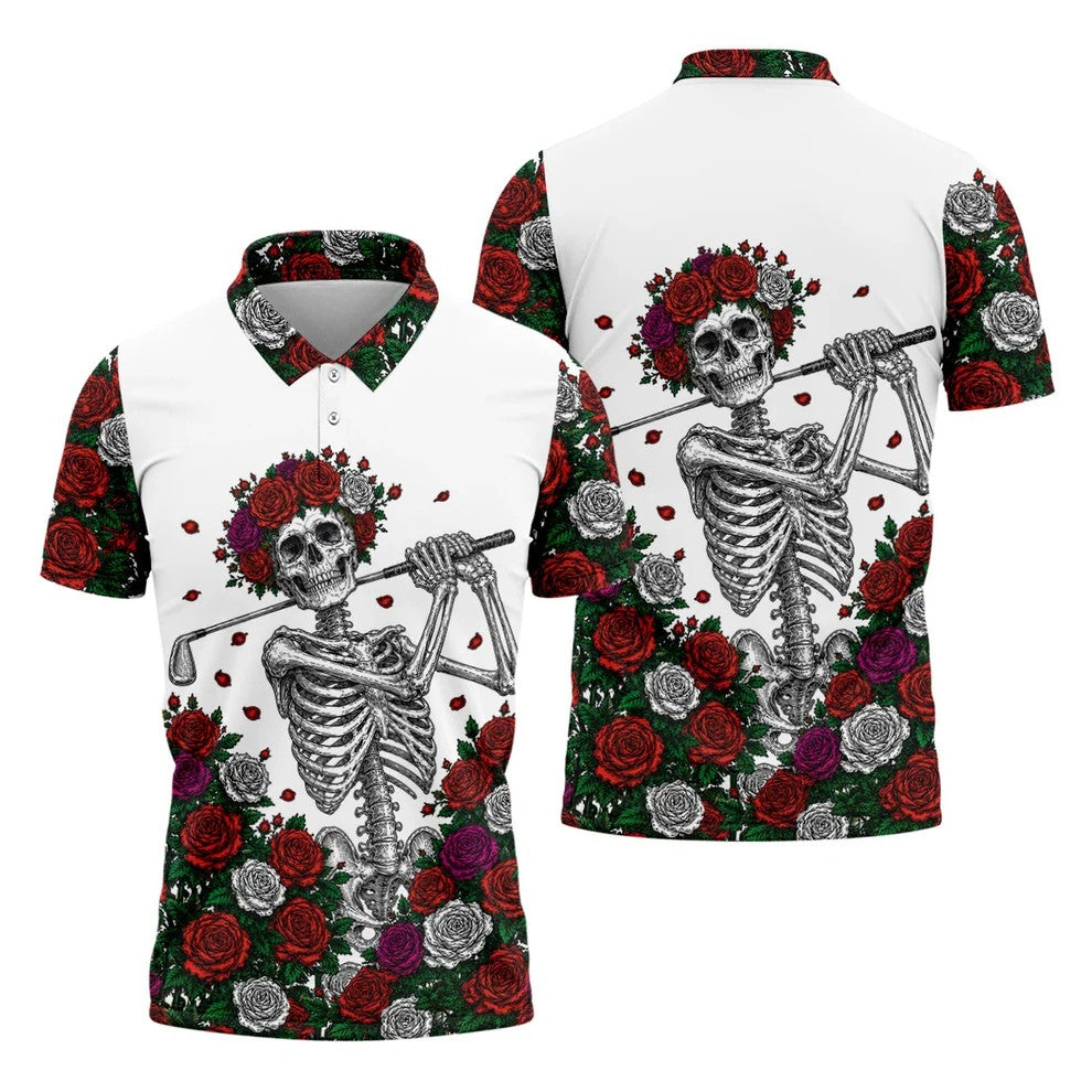 Rose Crown Skeleton Golfer Halloween Polo Shirt, Men's Golf Shirt, Printed Golf Shirts