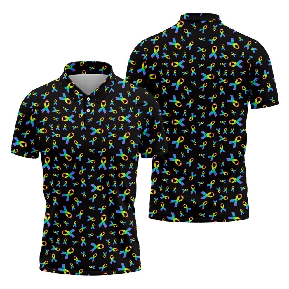 Rainbow Awareness Ribbon Breast Cancer Polo Shirt, Men's Golf Shirt, Printed Golf Shirts