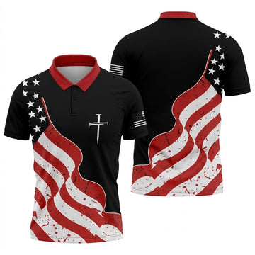 Faith Cross America 250th Anniversary 4th Of July Shirt, Patriotic Black Golf Shirts For Men