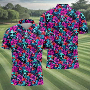 Funny Cow Wearing Sunglasses Tropical Golf Polo Shirt, Hawaiian Golf Shirt, Golf Shirts For Men