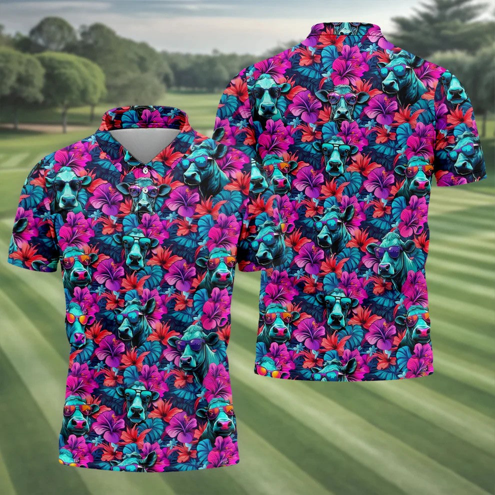 Funny Cow Wearing Sunglasses Tropical Golf Polo Shirt, Hawaiian Golf Shirt, Golf Shirts For Men