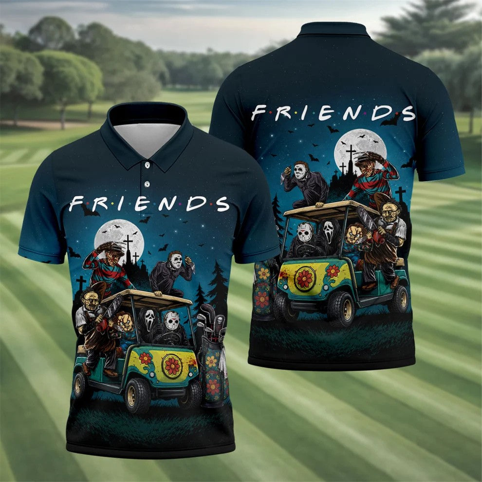 Horror Character Golf Cart Polo Shirt, Halloween Golf Shirt, Mens Halloween Golf Shirt