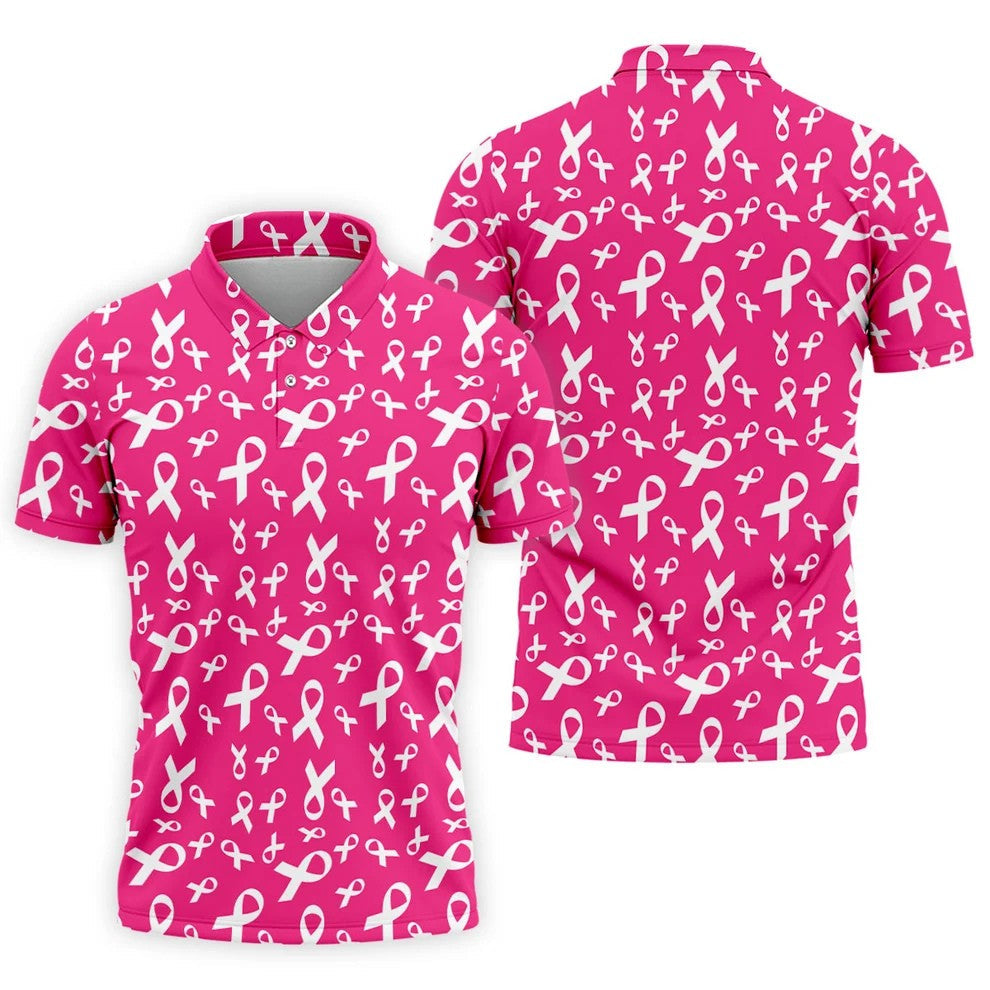 Hot Pink Breast Cancer Awareness Ribbon Polo Shirt, Mens Golf Polo, Printed Golf Shirts