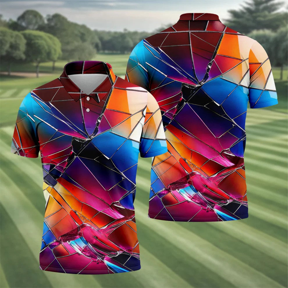 Colorful Broken Glass Abstract Golf Polo Shirt, Golf Shirts For Men, Printed Golf Shirts