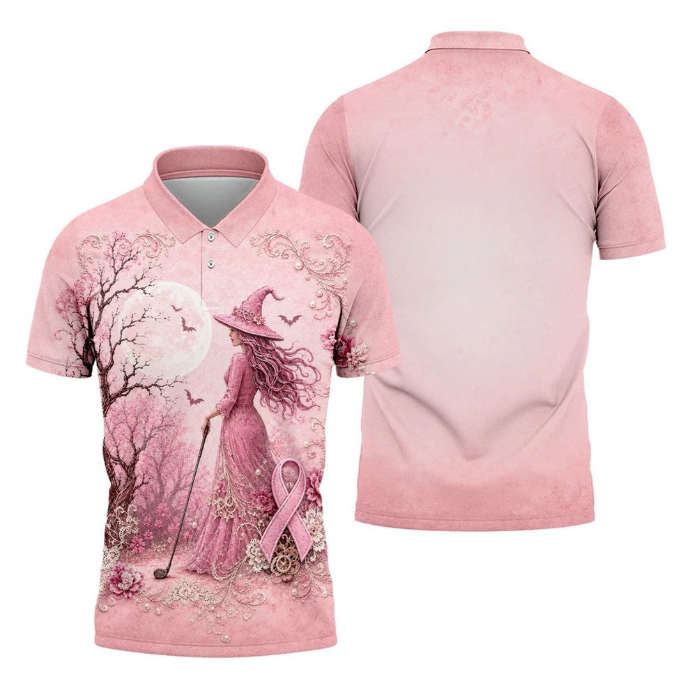 Breast Cancer Awareness Pink Witch Moon Mens Golf Polo, Polo Shirts For Men