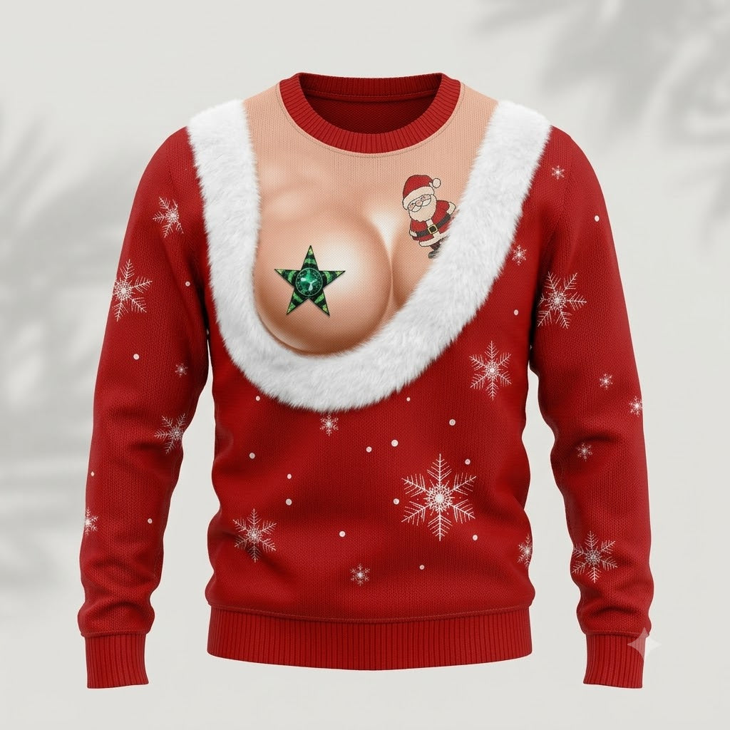 Funny Nipple Star Muscle Chest Ugly Christmas Sweater for Men, Santa Graphic Knit Pullover, Funny Christmas Gift