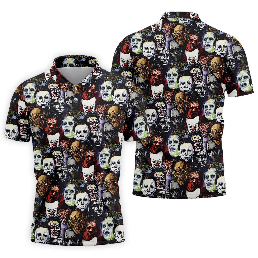 Horror Character Movie Villain Collage Golf Polo Shirt, Men's Golf Polo, Hawaiian Golf Shirt
