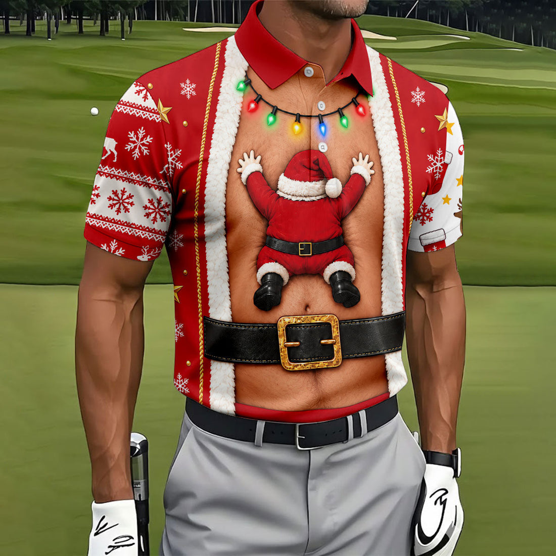 Santa Stuck In Belly Christmas Golf Shirt, Mens Golf Shirts, Golf Apparel For Men