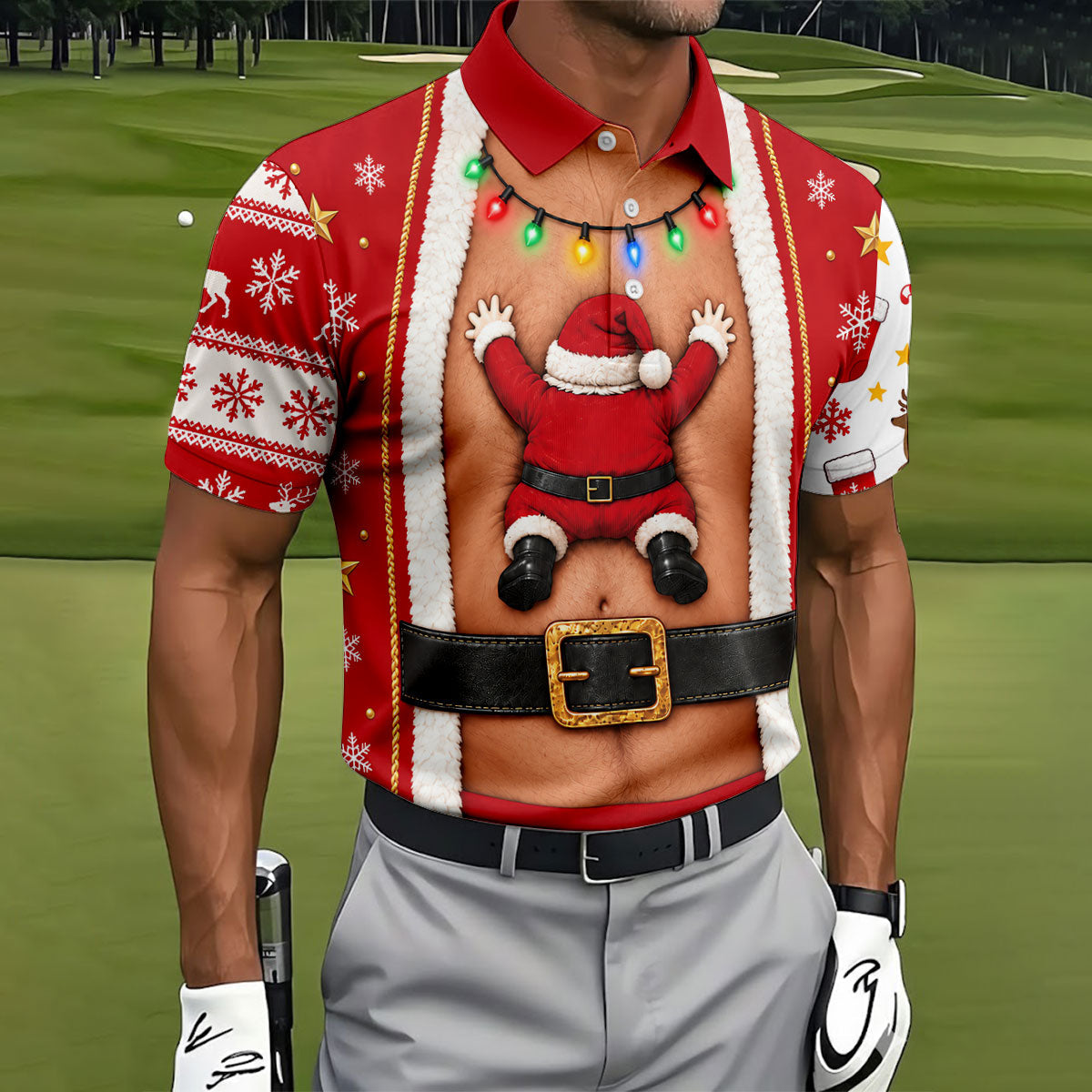 Santa Stuck In Belly Christmas Golf Shirt, Mens Golf Shirts, Golf Apparel For Men