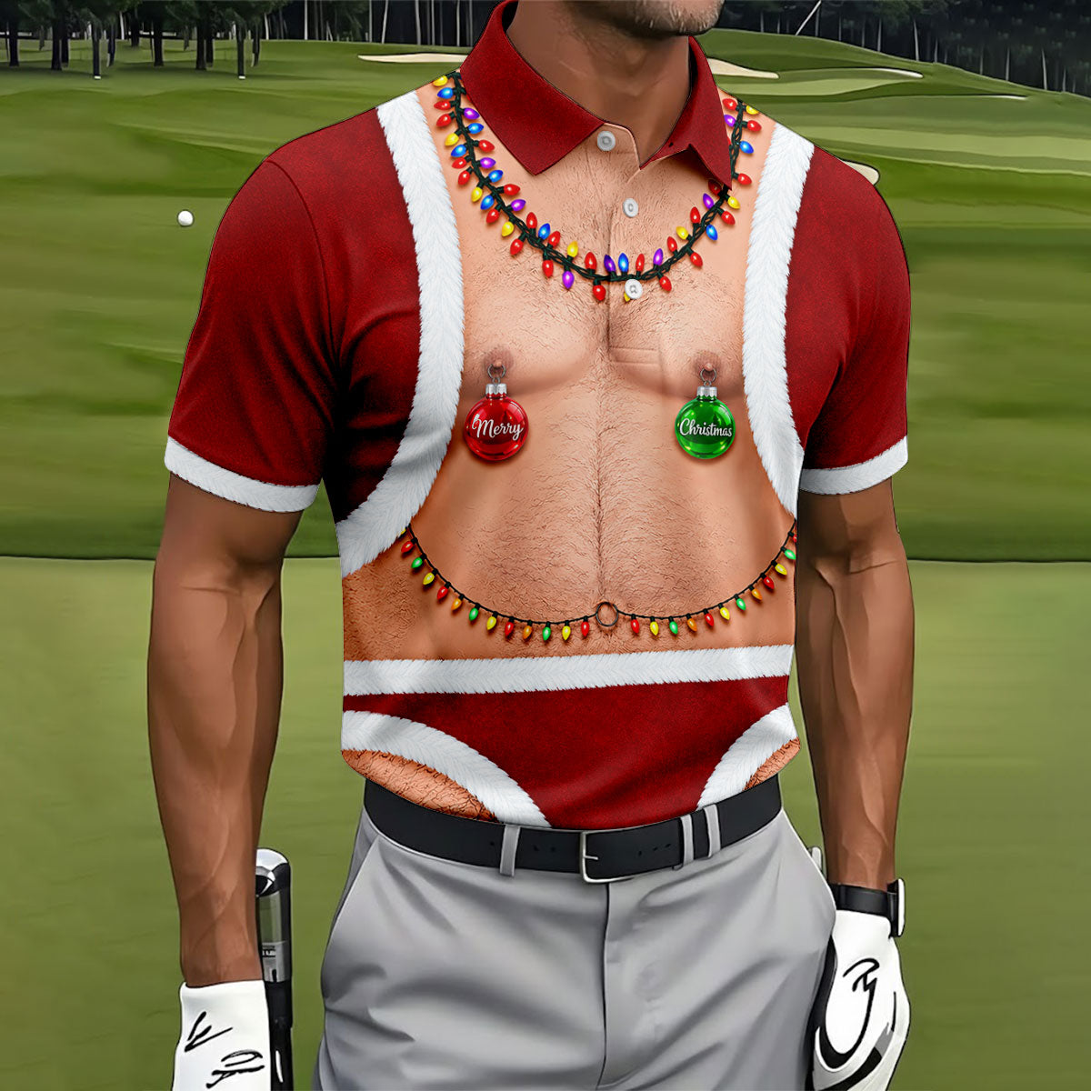 Funny Santa Ornament Lights Christmas Golf Shirt, Mens Golf Polo, Golf Apparel For Men