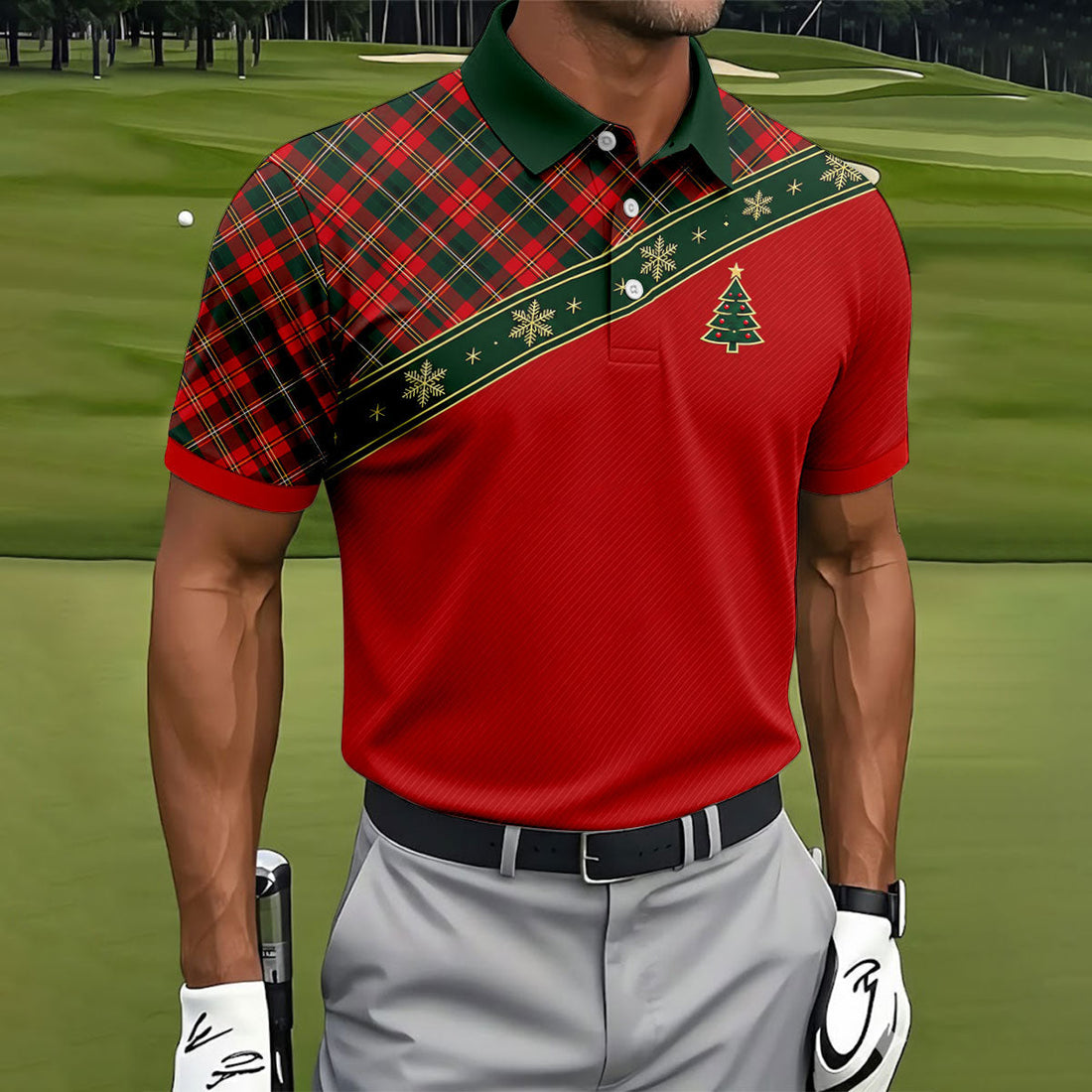 Red Plaid Snowflake Tree Christmas Golf Shirt, Mens Golf Polo, Golf Shirts For Men