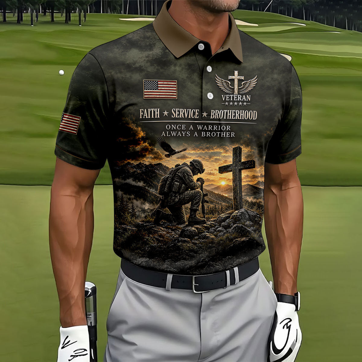 Veterans Day Praying Soldier Cross Polo Shirt, Polo Shirts For Men, Mens Golf Shirts