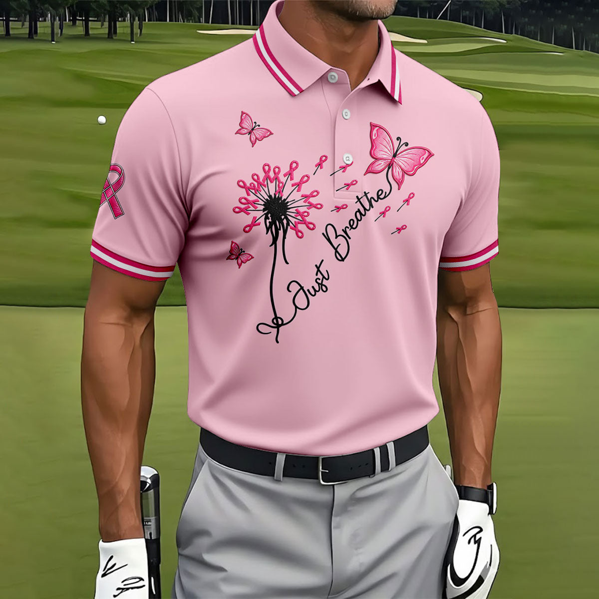 Just Breathe Butterfly Pink Ribbon Breast Cancer Polo Shirt, Polo Shirts For Men