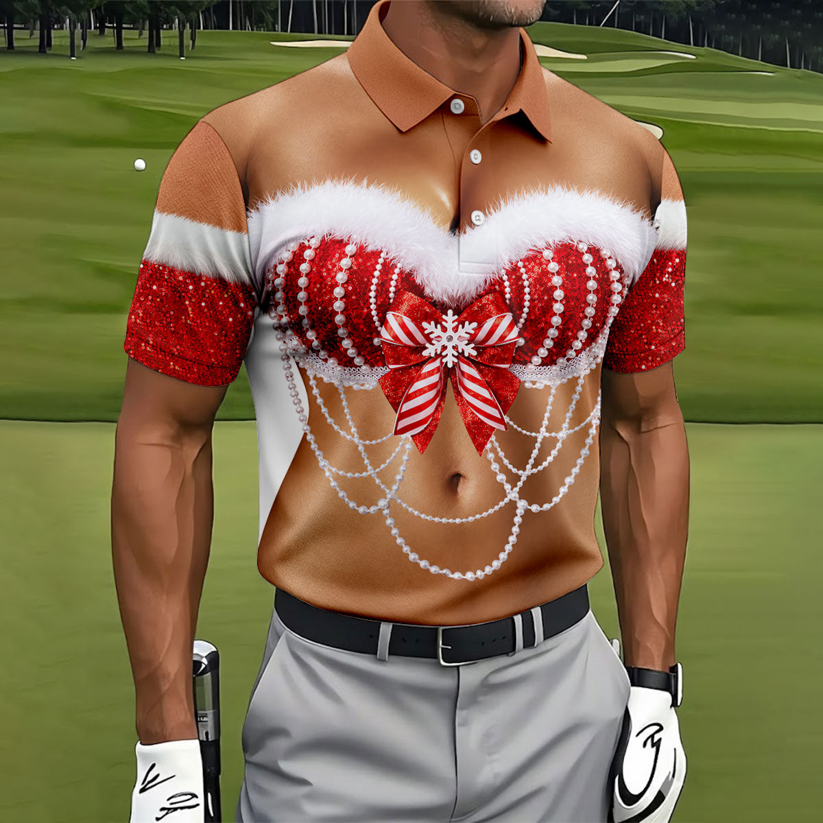 Sexy Santa Bra And Pearls Christmas Golf Shirt, Mens Golf Polo, Golf Shirts For Men