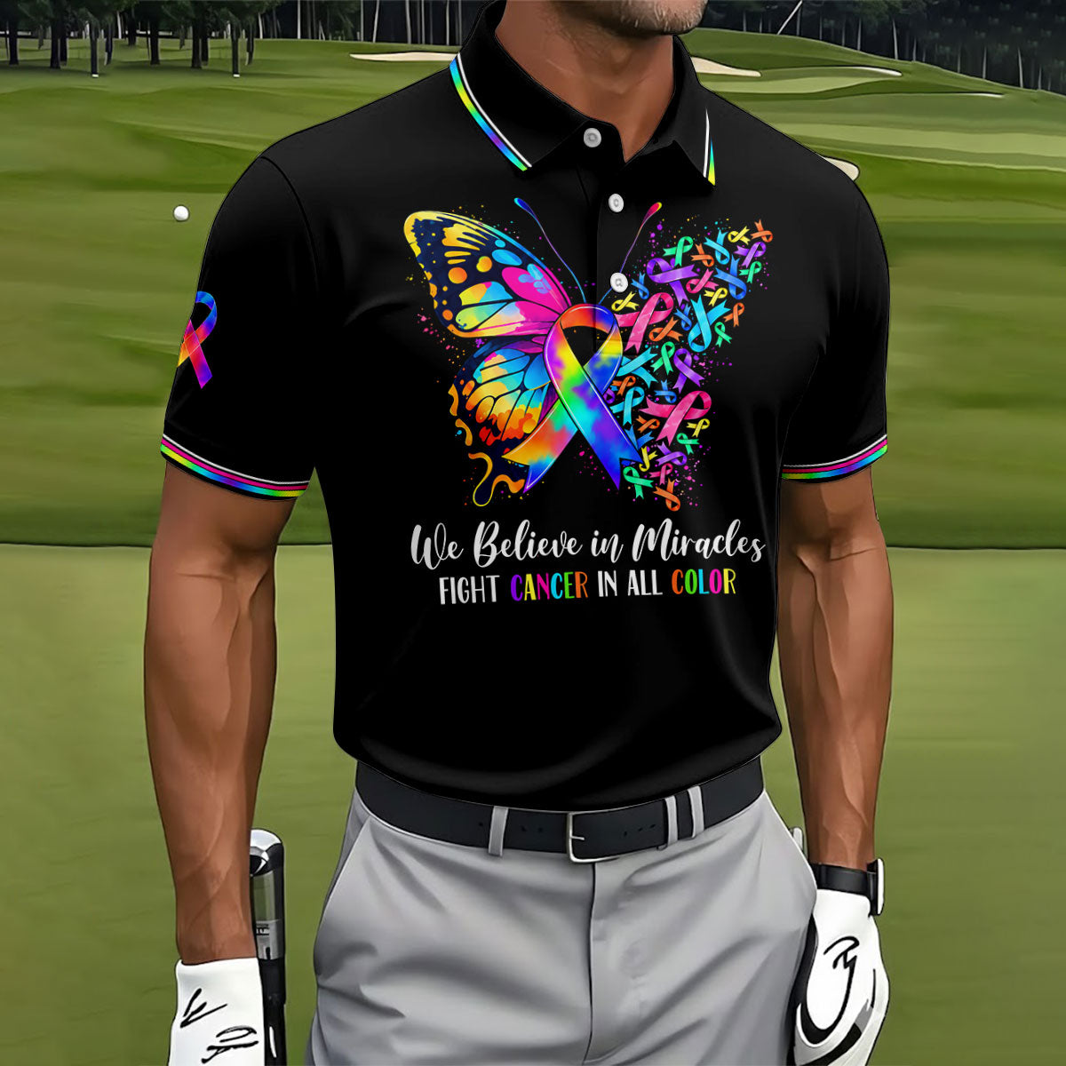 We Believe In Miracles Butterfly Cancer Polo Shirt, Mens Golf Polo, Golf Apparel For Men