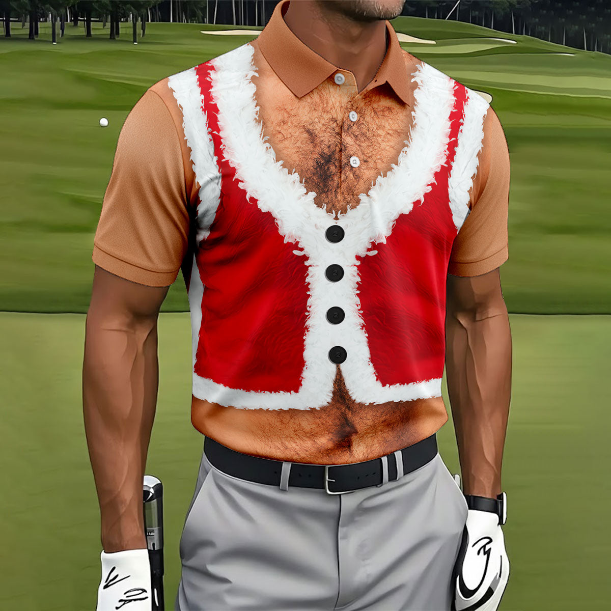 Hairy Chest Santa Print Christmas Golf Shirt, Mens Golf Polo, Golf Shirts For Men
