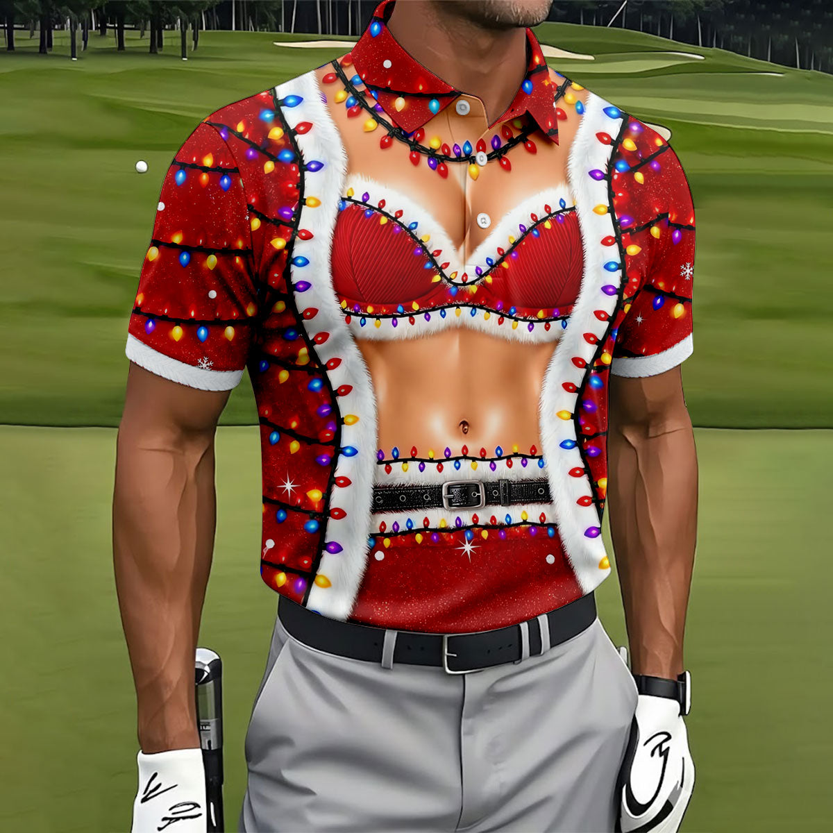 Funny Santa Bra Lights Christmas Golf Shirt, Mens Golf Shirts, Polo Shirts For Men