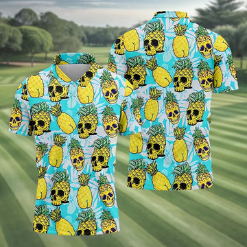 Tropical Pineapple Skull Pattern Golf Shirt, Mens Golf Shirts, Hawaiian Golf Shirt, Golf Apparel For Men
