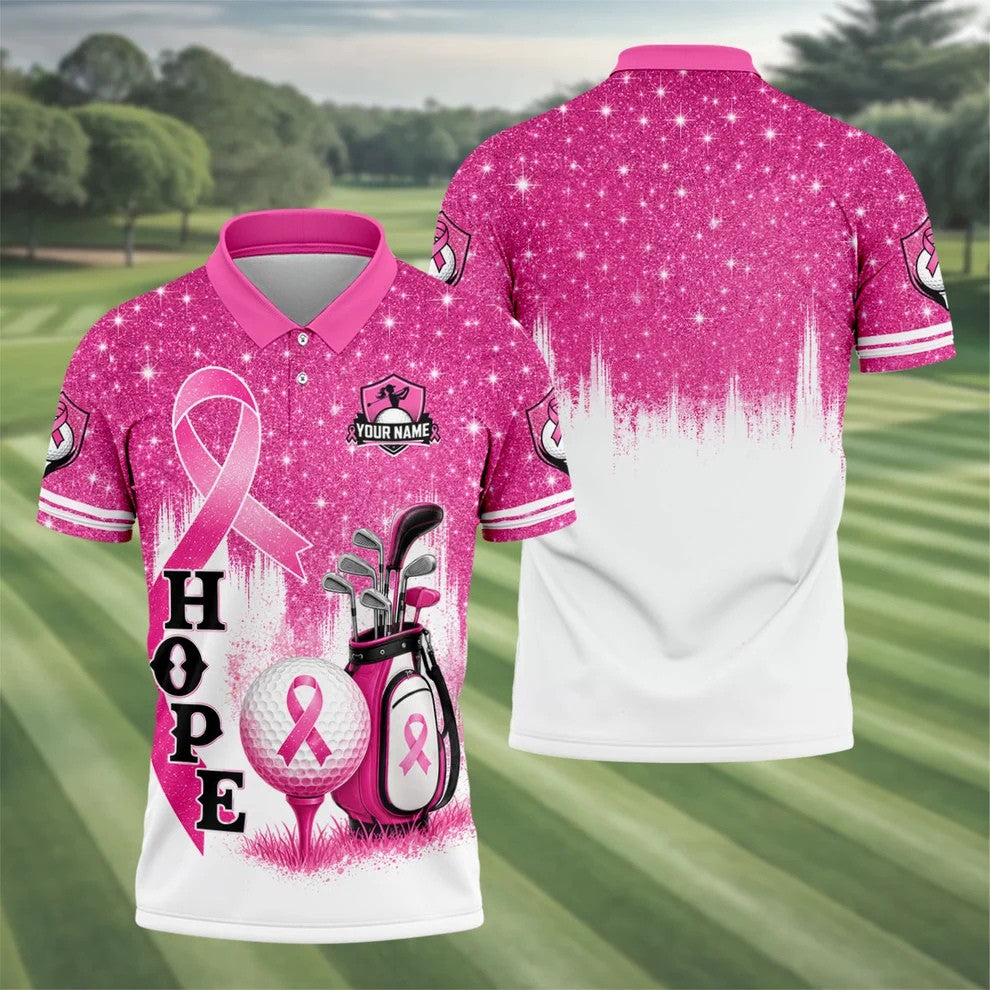 Custom Female Golfer Hope Breast Cancer Polo Shirt, Golf Shirts For Men, Mens Golf Apparel