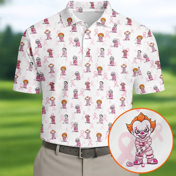 Breast Cancer Chibi Horror Character Polo Shirt, Mens Golf Shirts, Golf Apparel For Men
