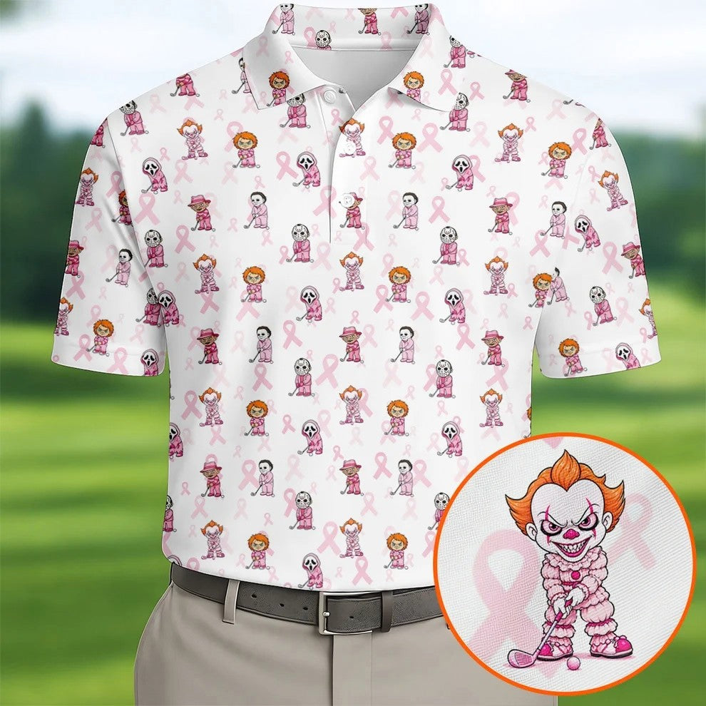 Breast Cancer Chibi Horror Character Polo Shirt, Mens Golf Shirts, Golf Apparel For Men