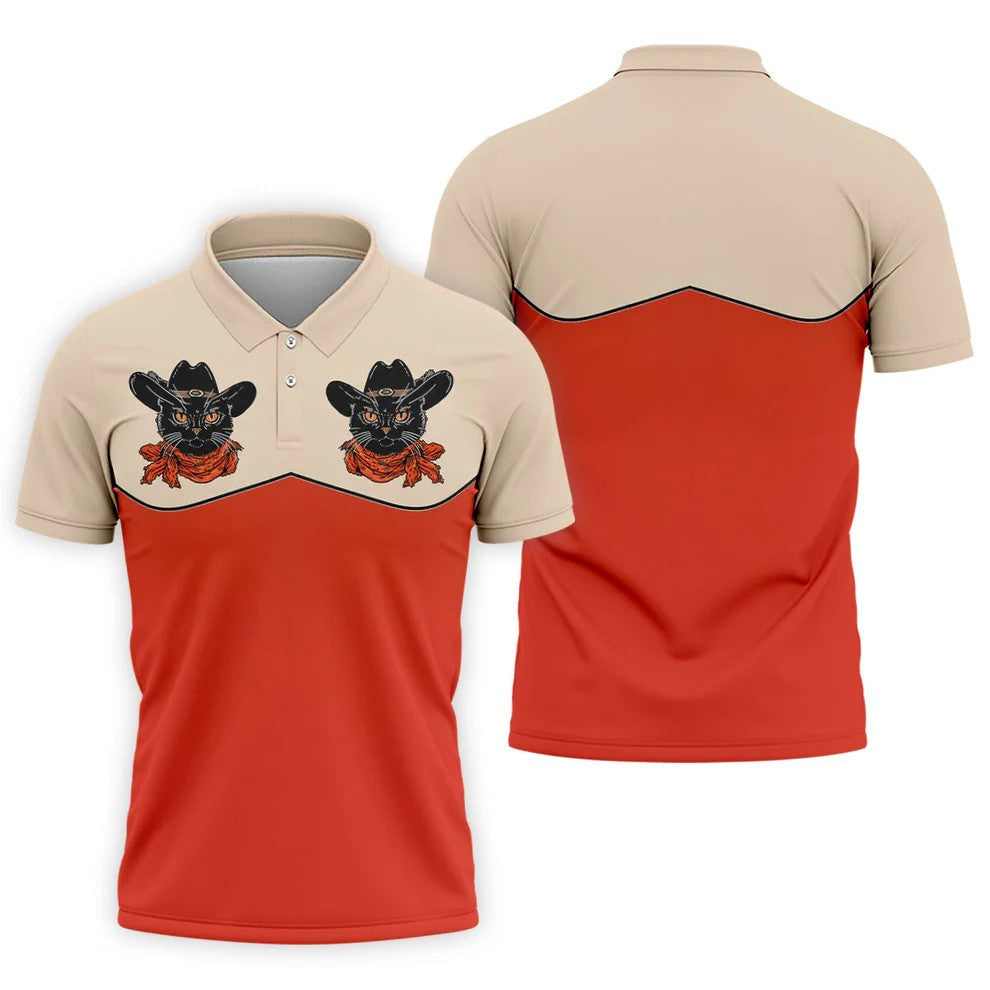 Red Western Cowboy Black Cat Golf Polo Shirt, Mens Golf Shirts, Polo Shirts For Men