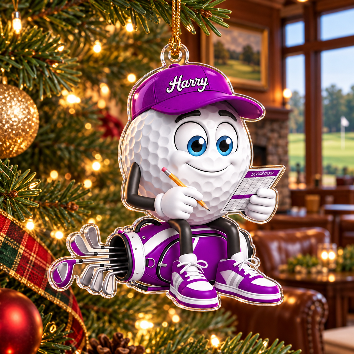 Custom Name Purple Golf Scorecard Acrylic Ornament, Christmas Ornaments, Golf Gifts