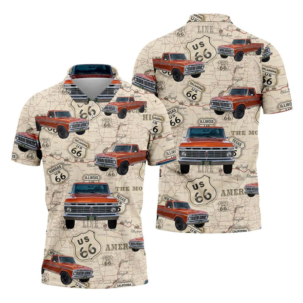 Custom Photo Truck Golf Shirt, Vintage Pickup Route 66 Map Pattern, Golf Shirt For Men