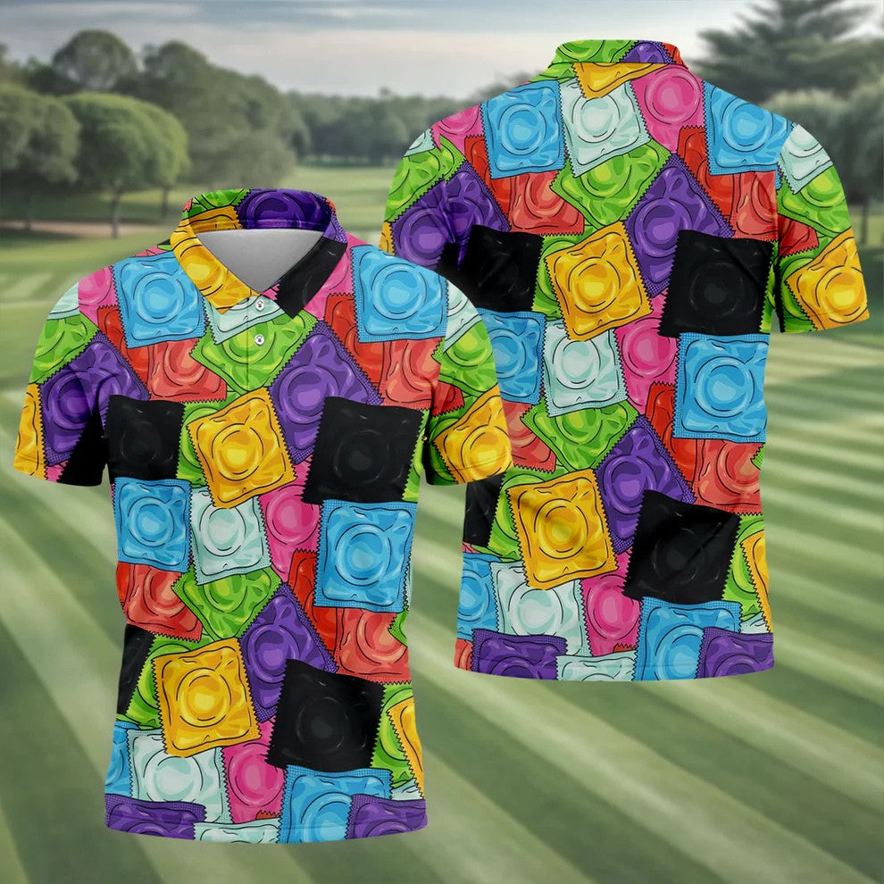 Funny Condom Wrapper Pattern Golf Polo Shirt, Men's Golf Shirts, Novelty Golf Apparel For Men