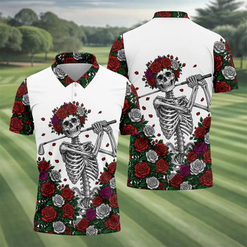 Rose Crown Skeleton Golfer Halloween Polo Shirt, Men's Golf Shirt, Printed Golf Shirts