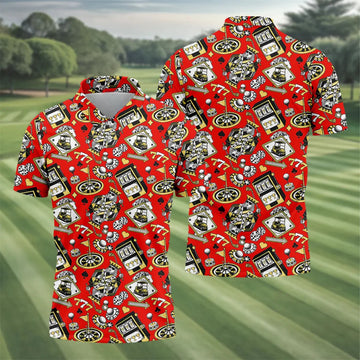 Casino Golf Pattern Red Hawaiian Golf Polo Shirt, Mens Golf Polo, Polo Shirts For Men