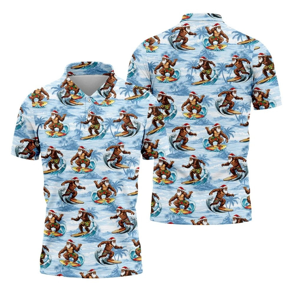 Funny Surfing Santa Bigfoot Christmas Polo Shirt, Mens Golf Polo, Hawaiian Golf Shirt