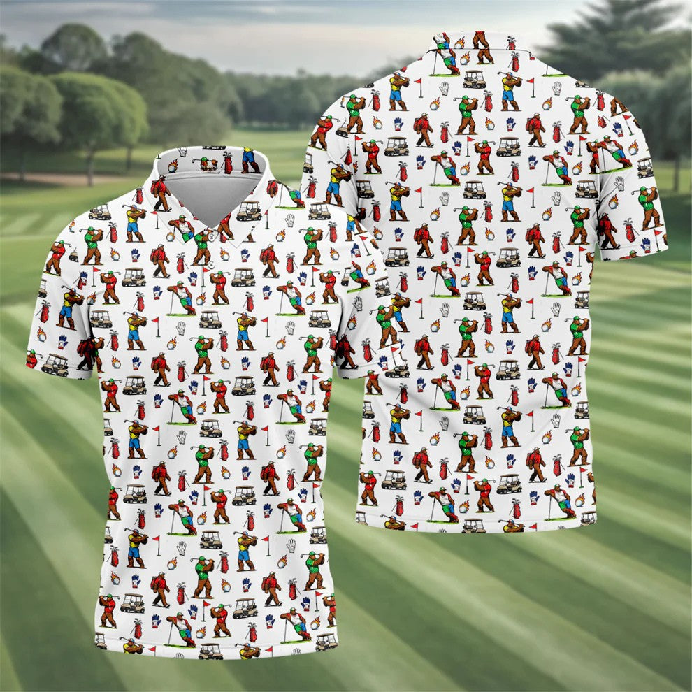 Bigfoot Golfer Pattern Men's Golf Shirt, Golf Polo Shirts For Men, Mens Golf Apparel