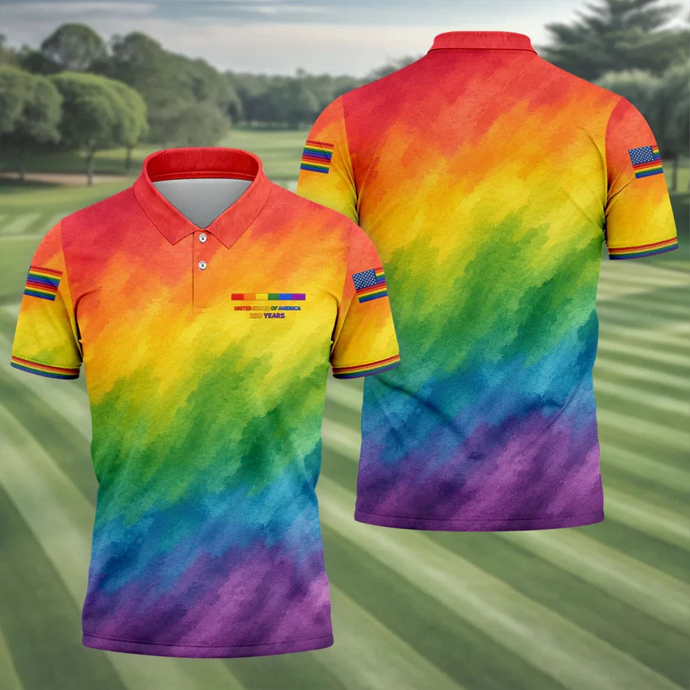 USA 250 Years LGBT Rainbow Golf Tops For Men, LGBT Pride Month Patriotic Golf Shirt
