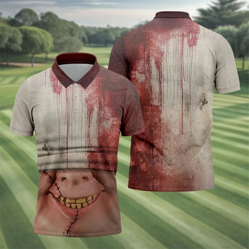 Stitched Face Horror Character Halloween Polo Shirt, Mens Golf Polo, Mens Polo Shirts