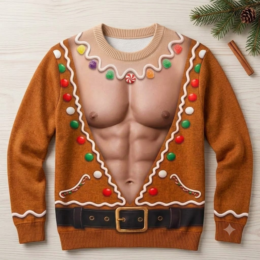 Funny Ugly Christmas Sweatshirt - Gingerbread Man 6-Pack Abs Chest Printed Holiday Jumper