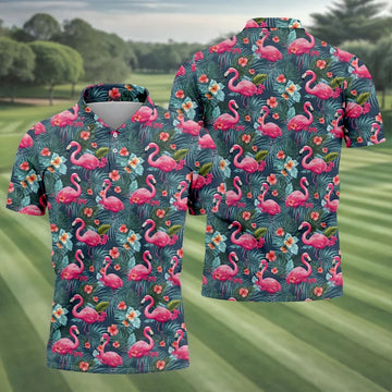 Pink Flamingo Tropical Floral Golf Polo Shirt, Hawaiian Golf Shirt, Golf Shirts For Men