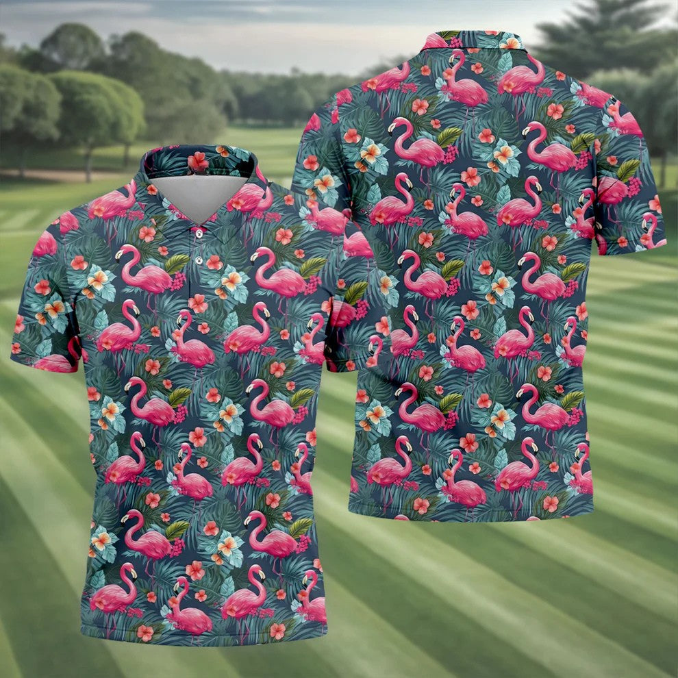 Pink Flamingo Tropical Floral Golf Polo Shirt, Hawaiian Golf Shirt, Golf Shirts For Men