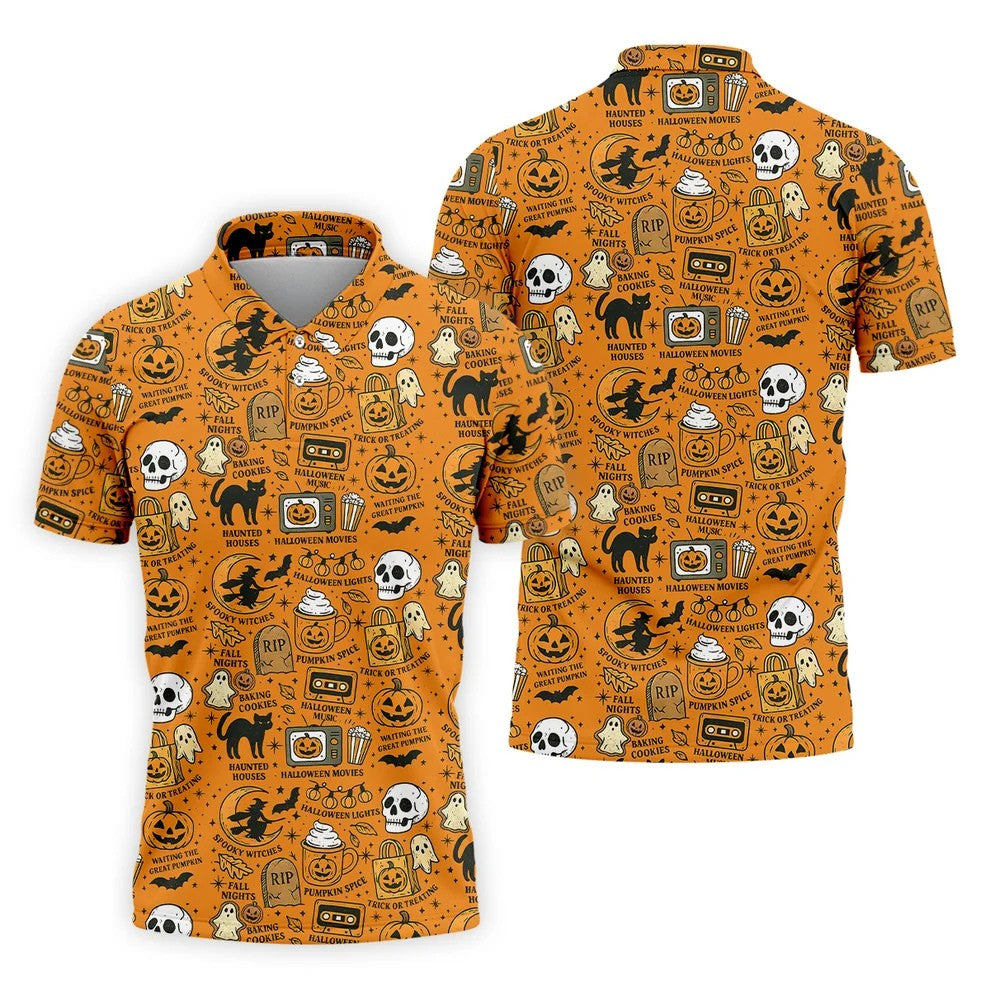 Orange Halloween Cat Golf Polo Shirt Halloween Theme Shirts, Mens Golf Polo Shirt Golfing Apparel