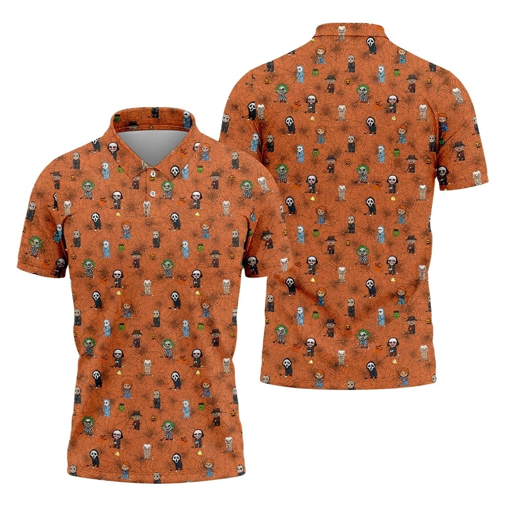 Funny Horror Character Orange Golf Polo Shirt, Horror Movie Shirt, Halloween Golf Shirt, Fun Golf Polos For Men