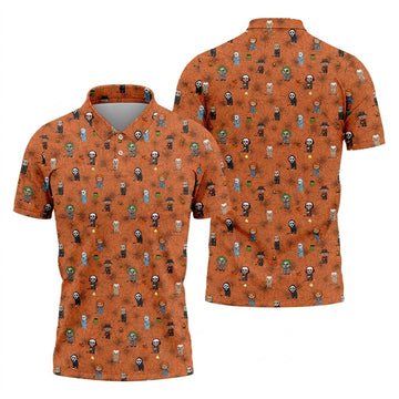 Funny Horror Character Orange Golf Polo Shirt, Horror Movie Shirt, Halloween Golf Shirt, Fun Golf Polos For Men