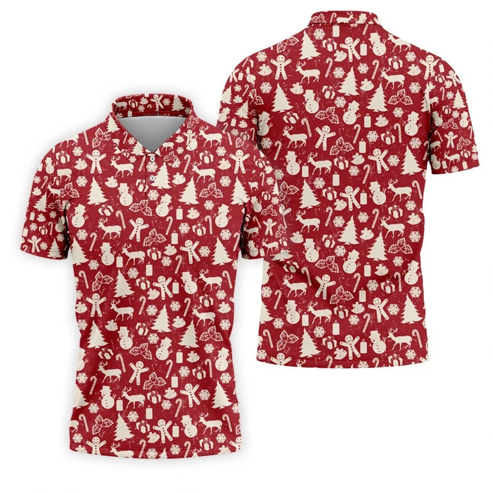 Gingerbread Man Christmas Pine Tree Candy Canes Red And White Polo Shirts For Men, Christmas Golf Shirt