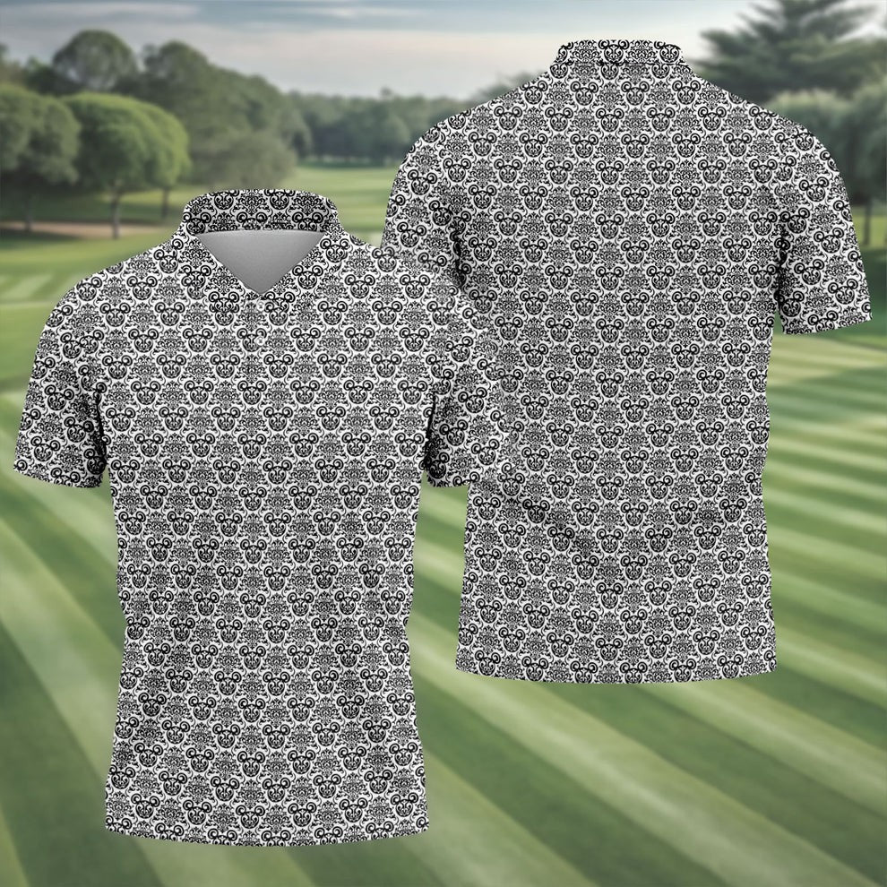 Vintage Monochrome Damask Golf Polo Shirt, Printed Golf Shirts, Mens Golf Shirts